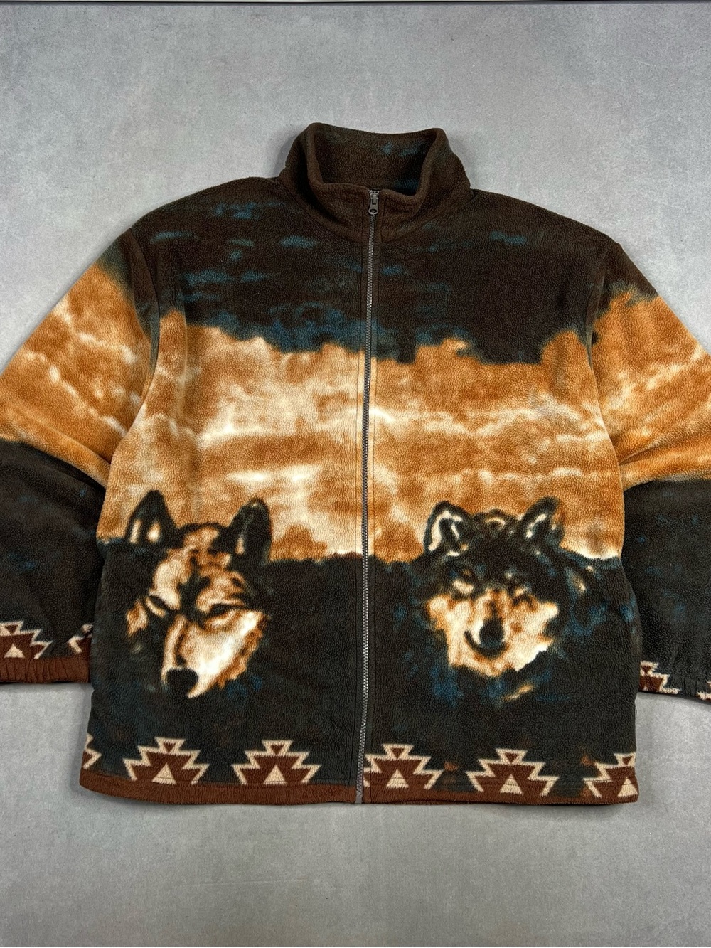 Vintage Brown & Black Wolf Print Zip-Up Jacket